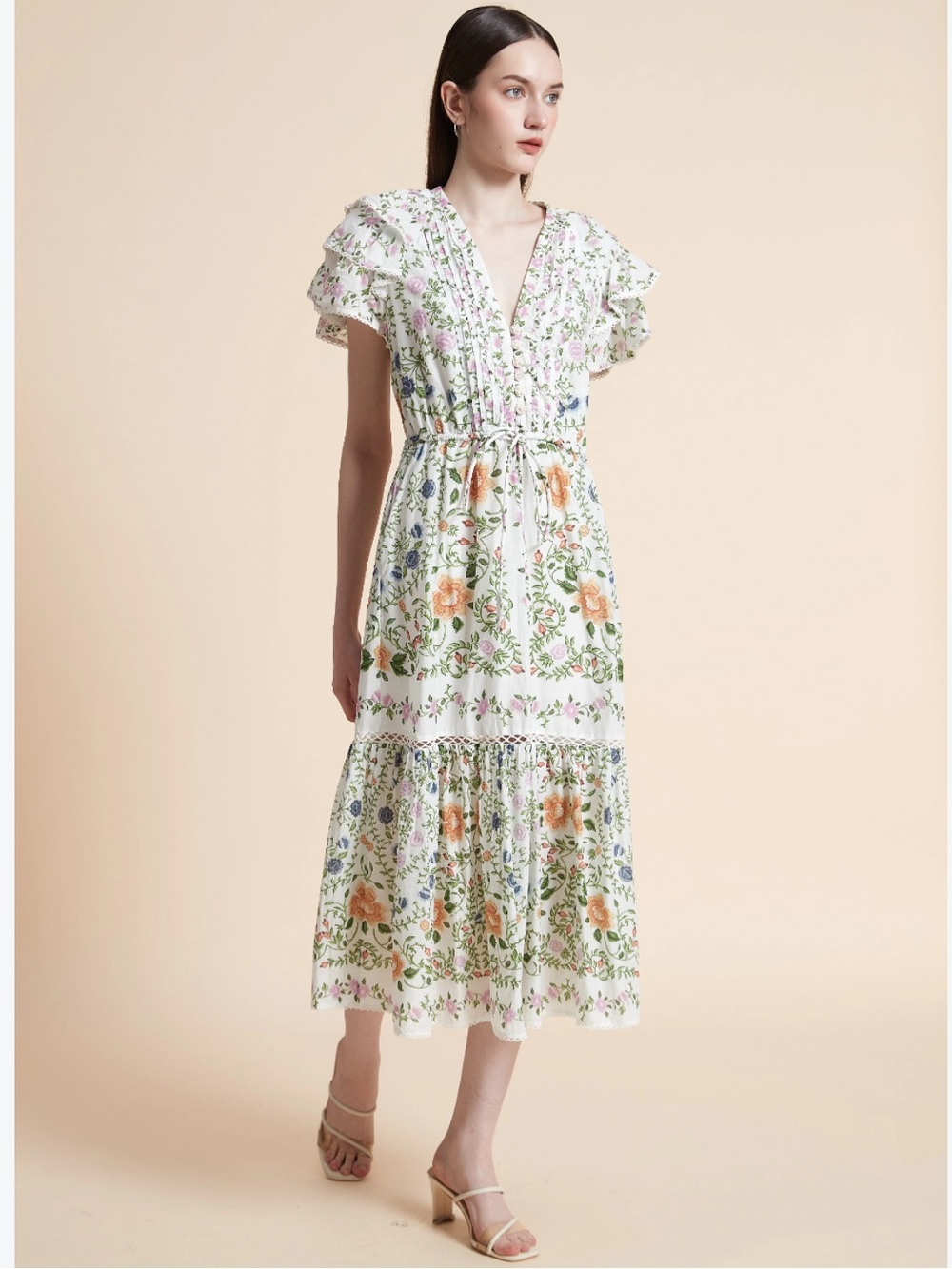 Farm Rio Folk Floral Lace Midi Dress